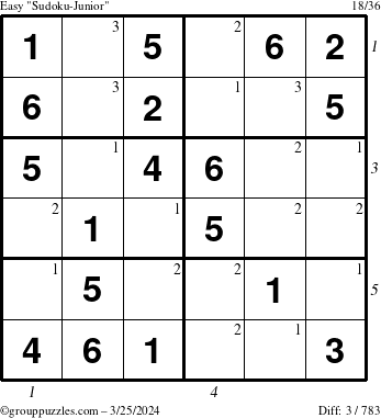 The grouppuzzles.com Easy Sudoku-Junior puzzle for Monday March 25, 2024 with all 3 steps marked