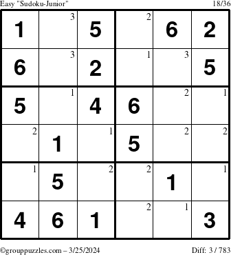 The grouppuzzles.com Easy Sudoku-Junior puzzle for Monday March 25, 2024 with the first 3 steps marked