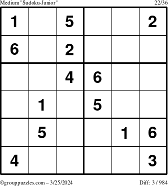 The grouppuzzles.com Medium Sudoku-Junior puzzle for Monday March 25, 2024