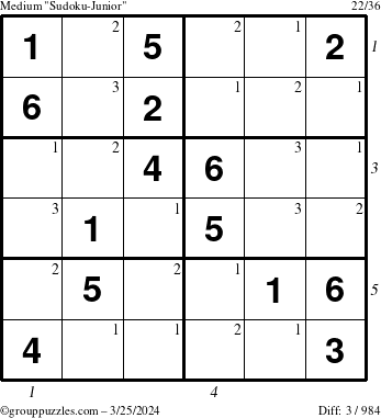 The grouppuzzles.com Medium Sudoku-Junior puzzle for Monday March 25, 2024 with all 3 steps marked