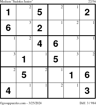 The grouppuzzles.com Medium Sudoku-Junior puzzle for Monday March 25, 2024 with the first 3 steps marked