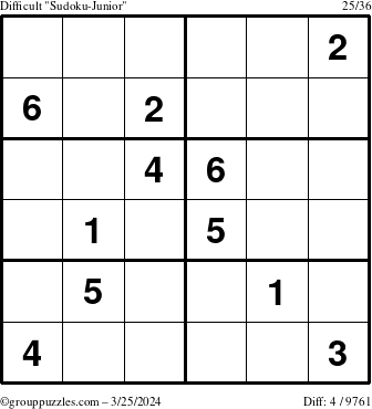 The grouppuzzles.com Difficult Sudoku-Junior puzzle for Monday March 25, 2024