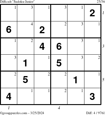 The grouppuzzles.com Difficult Sudoku-Junior puzzle for Monday March 25, 2024 with all 4 steps marked