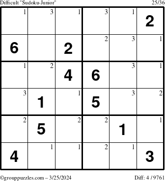 The grouppuzzles.com Difficult Sudoku-Junior puzzle for Monday March 25, 2024 with the first 3 steps marked
