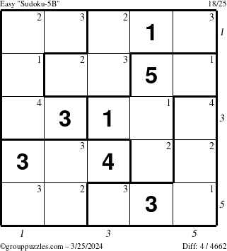 The grouppuzzles.com Easy Sudoku-5B puzzle for Monday March 25, 2024 with all 4 steps marked