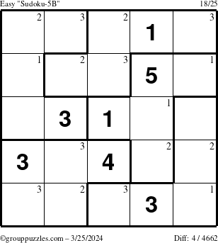 The grouppuzzles.com Easy Sudoku-5B puzzle for Monday March 25, 2024 with the first 3 steps marked