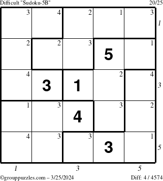The grouppuzzles.com Difficult Sudoku-5B puzzle for Monday March 25, 2024 with all 4 steps marked