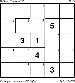 The grouppuzzles.com Difficult Sudoku-5B puzzle for Monday March 25, 2024 with the first 3 steps marked