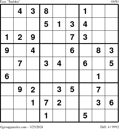 The grouppuzzles.com Easy Sudoku puzzle for Monday March 25, 2024