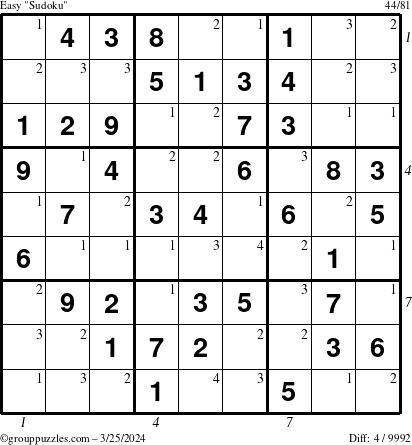 The grouppuzzles.com Easy Sudoku puzzle for Monday March 25, 2024 with all 4 steps marked