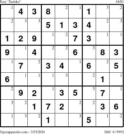 The grouppuzzles.com Easy Sudoku puzzle for Monday March 25, 2024 with the first 3 steps marked