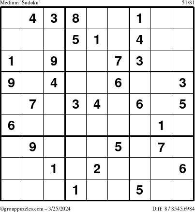 The grouppuzzles.com Medium Sudoku puzzle for Monday March 25, 2024