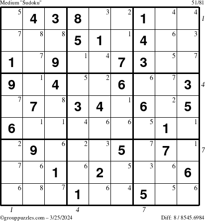 The grouppuzzles.com Medium Sudoku puzzle for Monday March 25, 2024 with all 8 steps marked