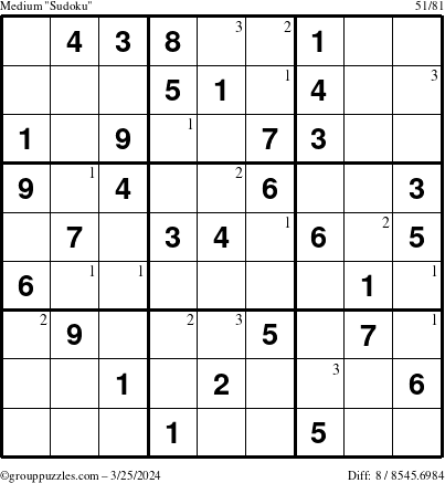 The grouppuzzles.com Medium Sudoku puzzle for Monday March 25, 2024 with the first 3 steps marked