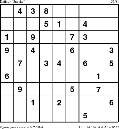 The grouppuzzles.com Difficult Sudoku puzzle for Monday March 25, 2024