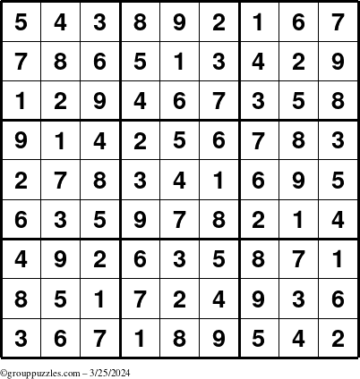 The grouppuzzles.com Answer grid for the Sudoku puzzle for Monday March 25, 2024