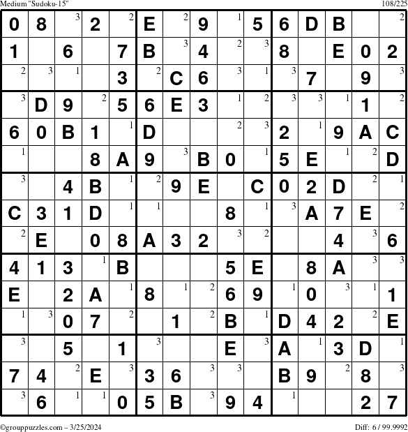 The grouppuzzles.com Medium Sudoku-15 puzzle for Monday March 25, 2024 with the first 3 steps marked