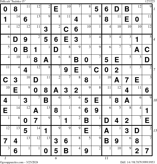 The grouppuzzles.com Difficult Sudoku-15 puzzle for Monday March 25, 2024 with all 14 steps marked