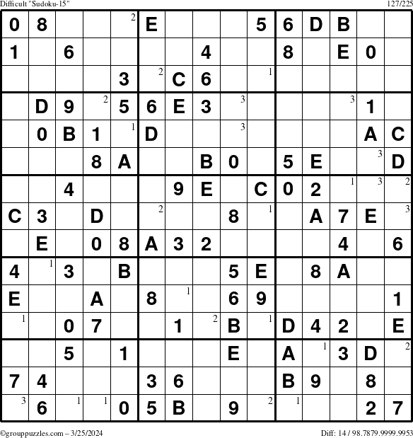 The grouppuzzles.com Difficult Sudoku-15 puzzle for Monday March 25, 2024 with the first 3 steps marked
