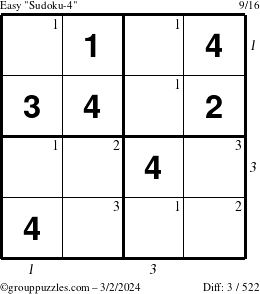 The grouppuzzles.com Easy Sudoku-4 puzzle for Saturday March 2, 2024 with all 3 steps marked
