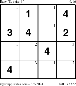 The grouppuzzles.com Easy Sudoku-4 puzzle for Saturday March 2, 2024 with the first 3 steps marked