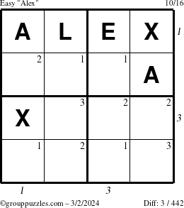 The grouppuzzles.com Easy Alex puzzle for Saturday March 2, 2024 with all 3 steps marked