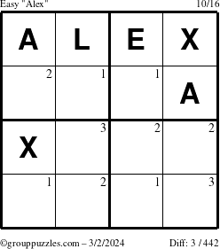 The grouppuzzles.com Easy Alex puzzle for Saturday March 2, 2024 with the first 3 steps marked