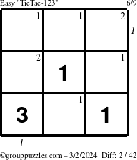 The grouppuzzles.com Easy TicTac-123 puzzle for Saturday March 2, 2024 with all 2 steps marked