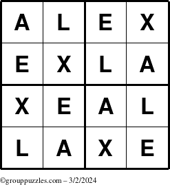 The grouppuzzles.com Answer grid for the Alex puzzle for Saturday March 2, 2024