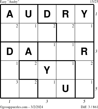 The grouppuzzles.com Easy Audry puzzle for Saturday March 2, 2024 with all 3 steps marked
