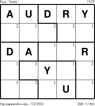 The grouppuzzles.com Easy Audry puzzle for Saturday March 2, 2024 with the first 3 steps marked