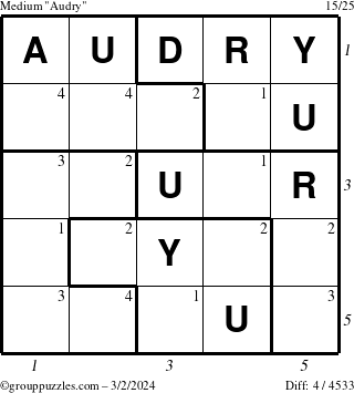 The grouppuzzles.com Medium Audry puzzle for Saturday March 2, 2024 with all 4 steps marked