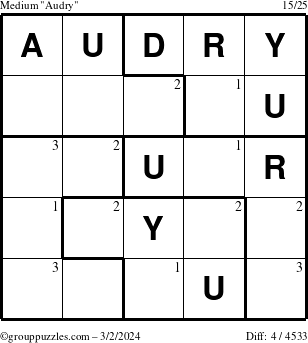 The grouppuzzles.com Medium Audry puzzle for Saturday March 2, 2024 with the first 3 steps marked