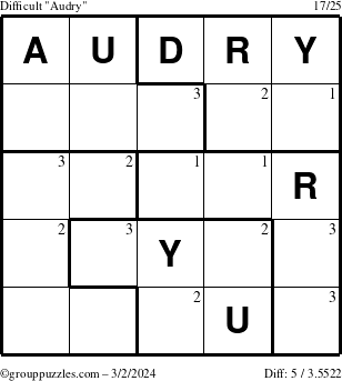 The grouppuzzles.com Difficult Audry puzzle for Saturday March 2, 2024 with the first 3 steps marked