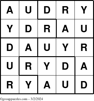 The grouppuzzles.com Answer grid for the Audry puzzle for Saturday March 2, 2024