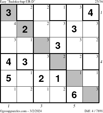 The grouppuzzles.com Easy Sudoku-6up-UR-D puzzle for Saturday March 2, 2024 with all 4 steps marked