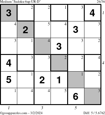 The grouppuzzles.com Medium Sudoku-6up-UR-D puzzle for Saturday March 2, 2024 with all 5 steps marked