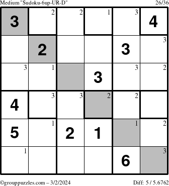 The grouppuzzles.com Medium Sudoku-6up-UR-D puzzle for Saturday March 2, 2024 with the first 3 steps marked
