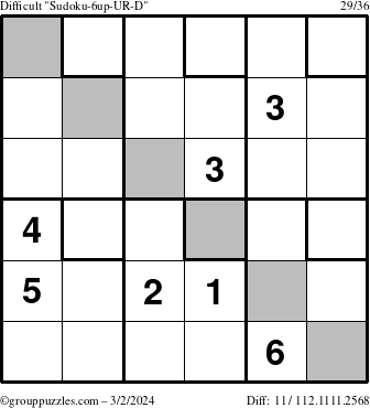 The grouppuzzles.com Difficult Sudoku-6up-UR-D puzzle for Saturday March 2, 2024