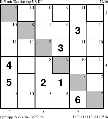 The grouppuzzles.com Difficult Sudoku-6up-UR-D puzzle for Saturday March 2, 2024 with all 11 steps marked