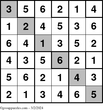 The grouppuzzles.com Answer grid for the Sudoku-6up-UR-D puzzle for Saturday March 2, 2024