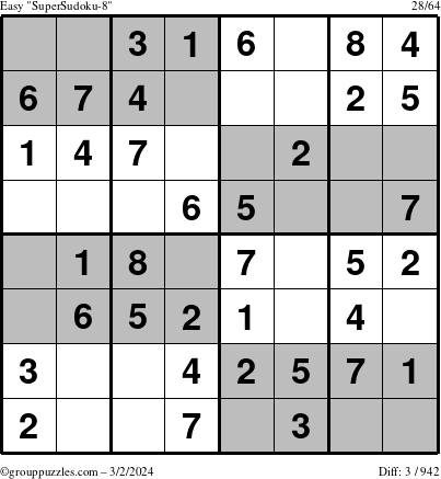 The grouppuzzles.com Easy SuperSudoku-8 puzzle for Saturday March 2, 2024