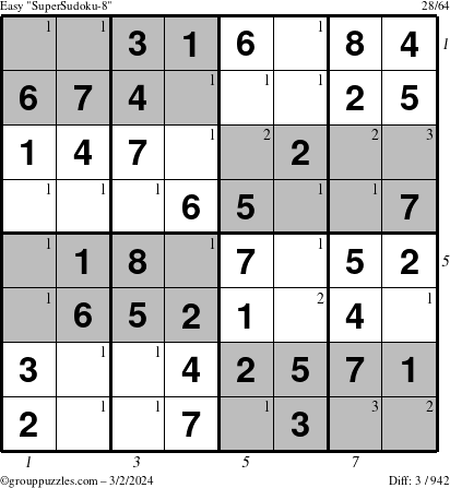 The grouppuzzles.com Easy SuperSudoku-8 puzzle for Saturday March 2, 2024 with all 3 steps marked