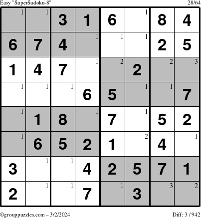 The grouppuzzles.com Easy SuperSudoku-8 puzzle for Saturday March 2, 2024 with the first 3 steps marked