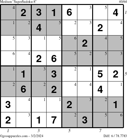 The grouppuzzles.com Medium SuperSudoku-8 puzzle for Saturday March 2, 2024 with all 6 steps marked
