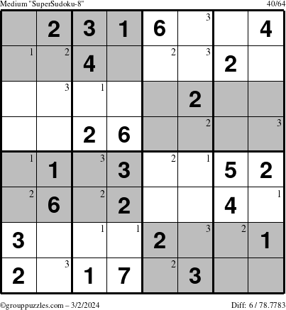 The grouppuzzles.com Medium SuperSudoku-8 puzzle for Saturday March 2, 2024 with the first 3 steps marked