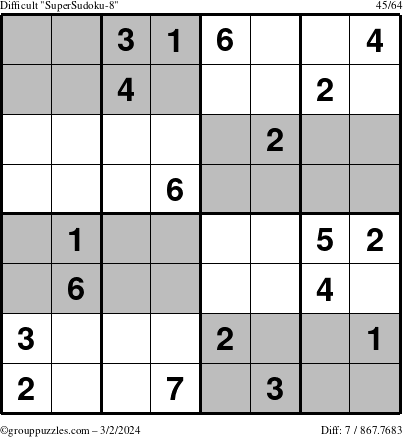The grouppuzzles.com Difficult SuperSudoku-8 puzzle for Saturday March 2, 2024