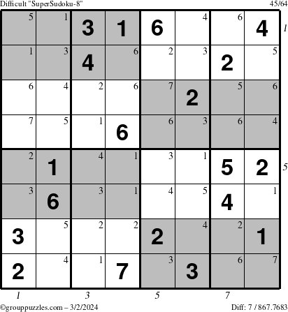 The grouppuzzles.com Difficult SuperSudoku-8 puzzle for Saturday March 2, 2024 with all 7 steps marked