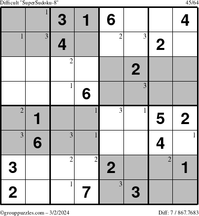 The grouppuzzles.com Difficult SuperSudoku-8 puzzle for Saturday March 2, 2024 with the first 3 steps marked
