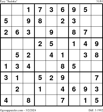 The grouppuzzles.com Easy Sudoku puzzle for Saturday March 2, 2024
